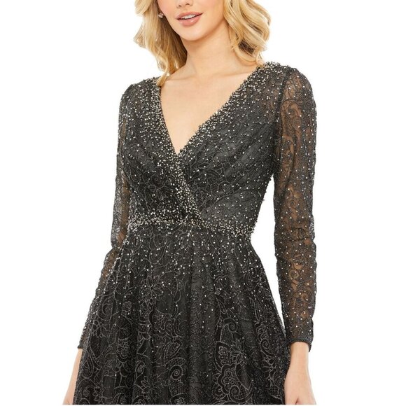 NWT Mac Duggal Gray Embellished Illusion Long Sleeve V Neck Gown Graphite #8594 - Picture 2 of 8